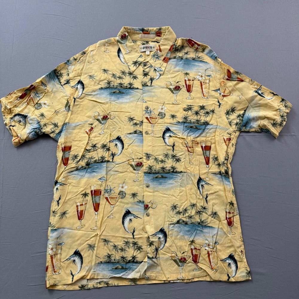 Campia Moda Mens XL‎ Tropical Hawaiian Shirt Rayon Marlin Cocktails Yellow Vtg